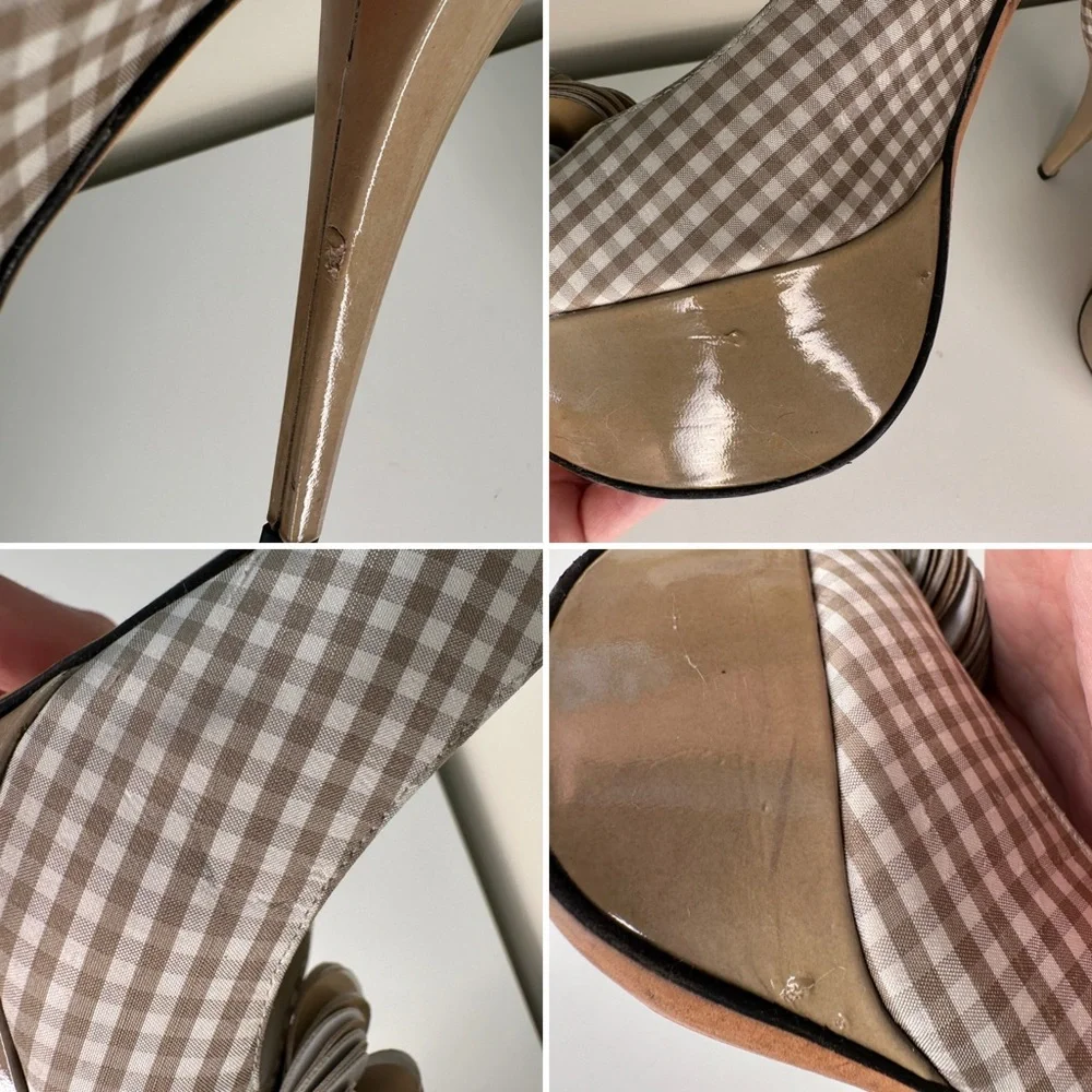 Stuart Weitzman Gingham Slingback Heels 7M | Platform Peep Toe Floral Bow - Picture 13 of 14